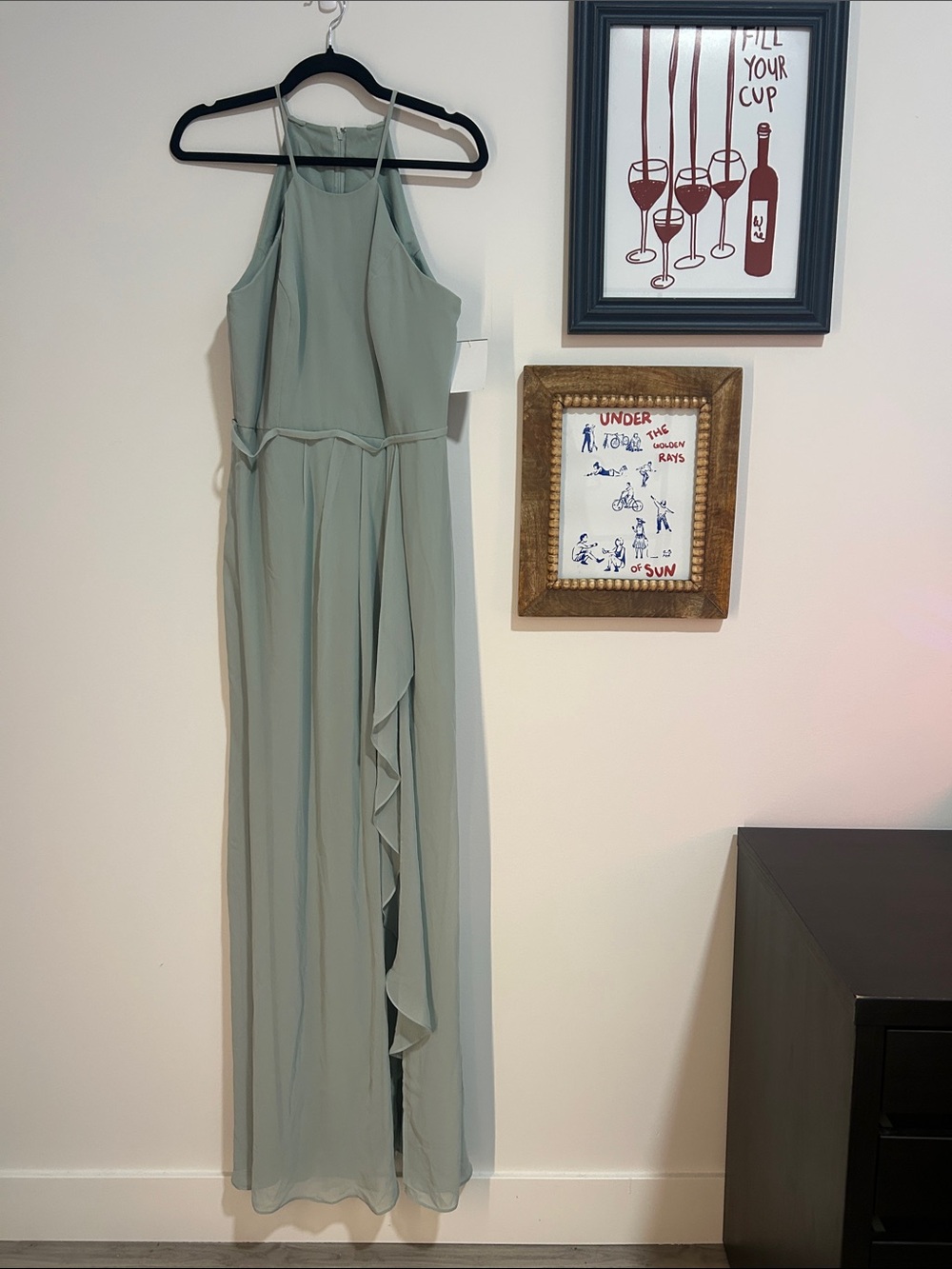 David’s Bridal High-Neck Chiffon Dress with Cascade - Dusty Sage